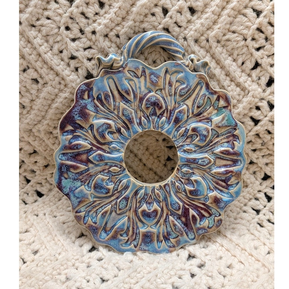 Vintage Studio Pottery Blue Purple Ceramic Wall Plaque Trivet Scalloped 8in